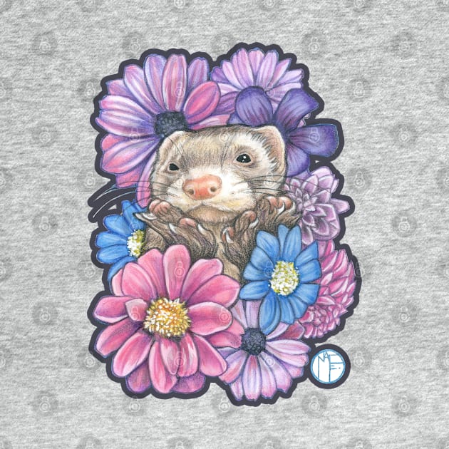 Ferret And Flowers - Charcoal Outline by Nat Ewert Art